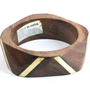 Faceted Wood Gold Tone Chevron Chunky Bangle Bracelet Made in India